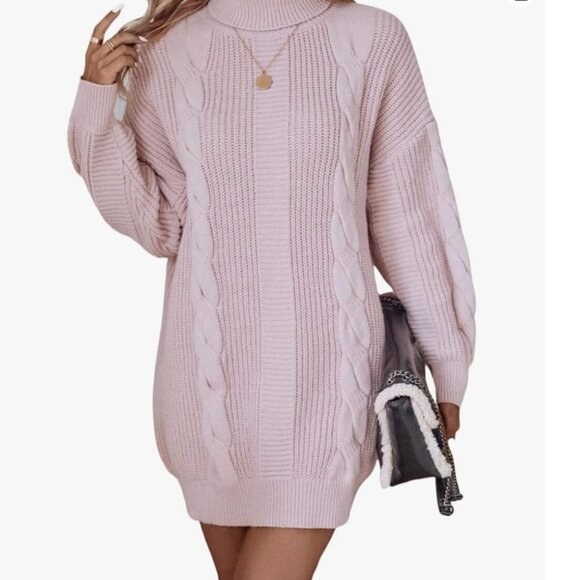 Baby Pink Casual Women's Turtleneck Cable Knit Drop Shoulder Sweater Dress - Picture 2 of 7